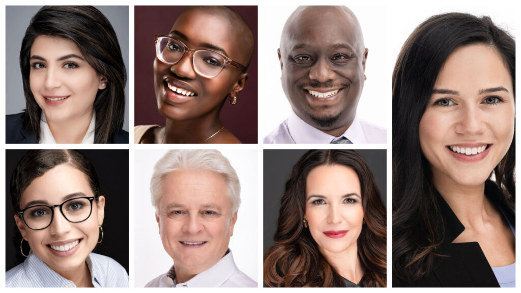 A collage of seven professionally dressed people, each smiling at the camera against plain backgrounds. This diverse group highlights personal branding photography and business headshots by a Durham NC photographer.